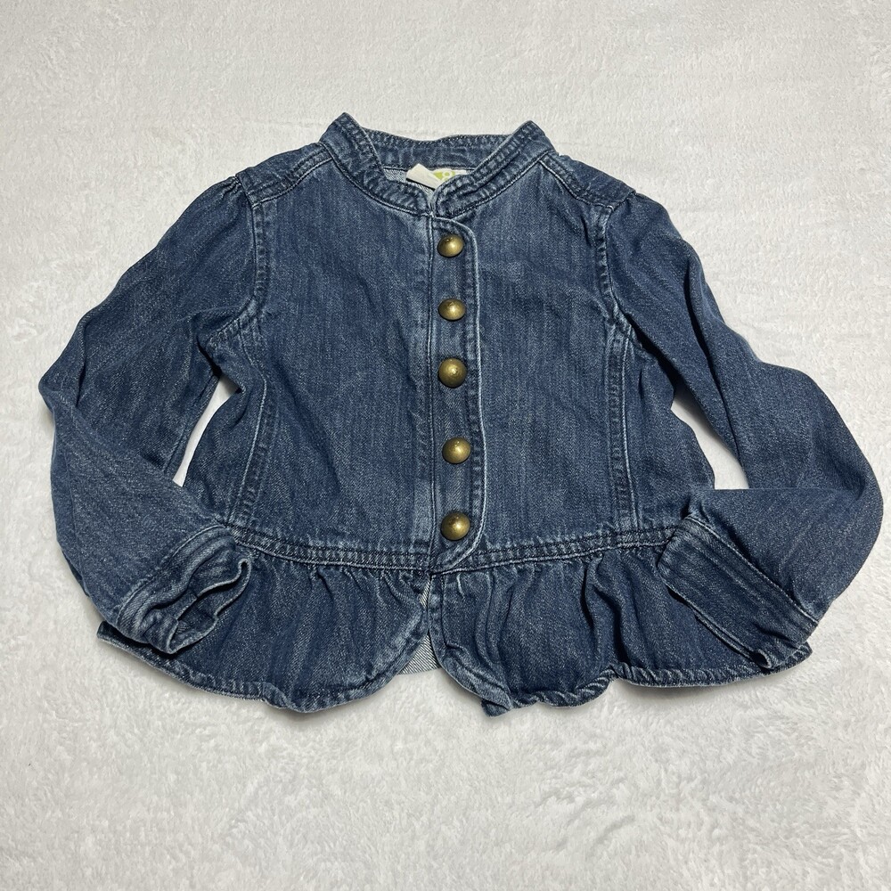 Crazy 8 Girls Denim Jean Jacket 4T Blue Ruffle Hem Brass Button 100% Cotton